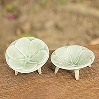 Celadon ceramic plates Jade Plumeria pair Thailand