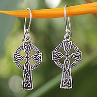Sterling silver dangle earrings, 'Celtic Cross' - Sterling Silver Religious Dangle Earrings