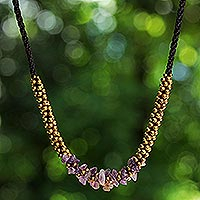 Amethyst beaded necklace, 'Lilac Orchids' - Artisan Crafted Brass Beaded Amethyst Necklace