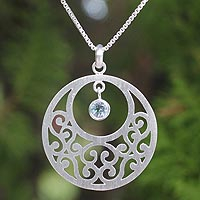 Blue topaz floral necklace, 'Lanna Moon' - Sterling Silver and Blue Topaz Pendant Necklace
