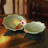 Celadon ceramic condiment plates Thai Peony pair Thailand