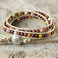 Jasper wrap bracelet, 'Lotus Feast' - Hand Made Leather and Jasper Wrap Bracelet