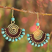 Beaded dangle earrings, 'Sky Kiss' - Brass and Turquoise Colored Bead Dangle Earrings
