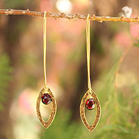 Gold plated garnet dangle earrings, 'Petal' - Thai Gold Plated Garnet Dangle Earrings