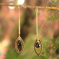 Gold plated onyx dangle earrings, 'Petal' - Gold Plated Onyx Earrings