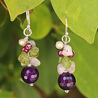 Pearl and rose quartz cluster earrings, 'Princess Legend' - Pearl and Rose Quartz Cluster Earrings