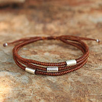 Silver accent wristband bracelet, 'Hill Tribe Friend in Cinnamon' - Thai Silver Wristband Bracelet