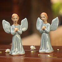Celadon ceramic figurines Angel Prayer pair Thailand