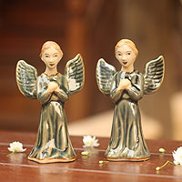 Celadon ceramic figurines Jade Angel Prayer pair Thailand