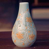 Celadon ceramic vase Orchid Vine Thailand