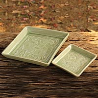 Celadon ceramic canape plates Jade Elephants pair Thailand