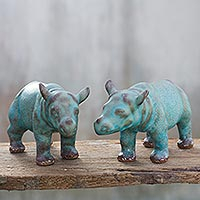 Celadon ceramic figurines Turquoise Rhinos pair Thailand