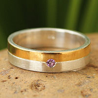 Gold plated amethyst band ring, 'Love Sign' - Gold Plated and Sterling Silver Amethyst Ring