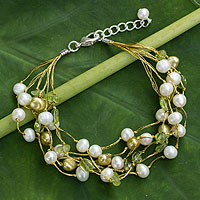 Cultured pearl and peridot beaded bracelet, 'Cloud Forest' - Artisan Crafted Peridot and Pearl Bracelet