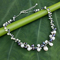 Cultured pearl beaded necklace, 'Monochrome Harmony' - Unique Pearl Necklace