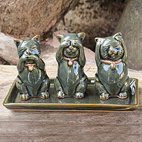 Celadon ceramic figurines Cats Shun Evil set of 3 Thailand