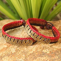 Beaded wristband bracelets, 'Cinnamon Coins' (pair) - Good Fortune Brass Wristband Bracelets (Pair)