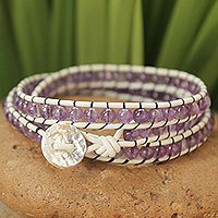Leather and amethyst wrap bracelet,