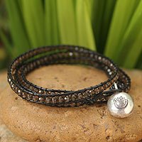 Leather and smoky quartz wrap bracelet,
