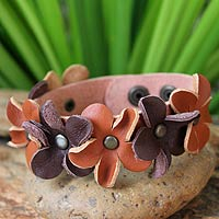 Leather wristband bracelet, 'Woodland Flowers' - Leather Wristband Bracelet Handmade in Thailand