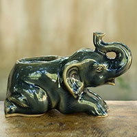 Celadon ceramic candleholder Reclining Indigo Elephant Thailand