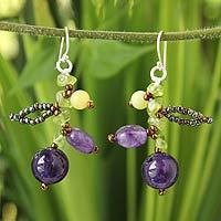 Amethyst and peridot beaded earrings,