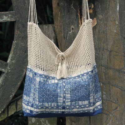 Cotton batik shoulder bag, 'Hmong Indigo' - Handmade Batik Cotton and Hemp Shoulder Bag