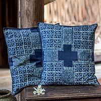 Cotton batik cushion covers Hmong Cross pair Thailand