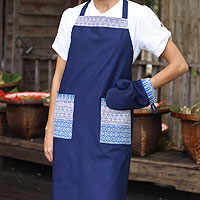 Cotton apron and oven mitt Blue Kitchen Chic Thailand