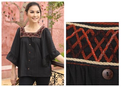 Cotton blouse, 'Ruffled Black Charm' - Handcrafted Cotton Button Up Blouse