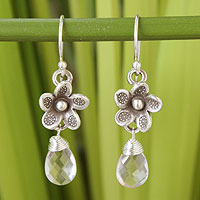 Rose quartz flower earrings, 'Rainforest Dew' - Rose quartz flower earrings