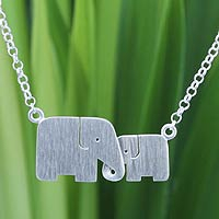 Sterling silver pendant necklace, 'Family Love' - Hand Crafted Silver Elephant Pendant Necklace