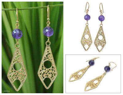 Gold vermeil amethyst filigree earrings, 'Chiang Mai Chic' - Gold vermeil amethyst filigree earrings