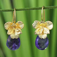 Gold vermeil and amethyst earrings, 'Thai Orchid' - Gold vermeil and amethyst earrings