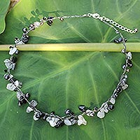 Cultured pearl and tourmalinated quartz beaded necklace, River of Night