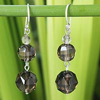 Smoky quartz dangle earrings, 'Chiang Mai Evening' - Handcrafted Smoky Quartz Dangle Earrings