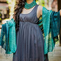 Silk shawl, 'Bold Teal' - Handcrafted Silk Shawl