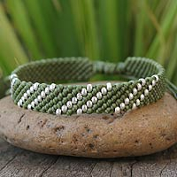 Silver accent wristband bracelet, 'Diagonal Green' - Silver accent wristband bracelet