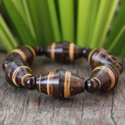 Coconut shell and wood stretch bracelet, Cocoa Spin