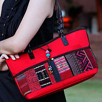Leather accent cotton shoulder bag Chiang Mai Ruby Thailand