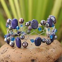 Cultured pearl and lapis lazuli beaded bracelet,