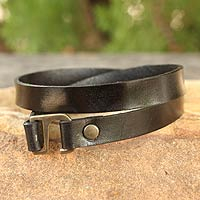 Men's leather wrap bracelet, 'Enigma in Black' - Men's Artisan Crafted Modern Leather Wrap Bracelet