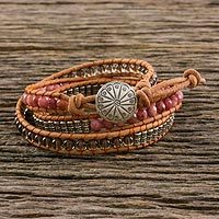 Rhodonite and smoky quartz wrap bracelet,