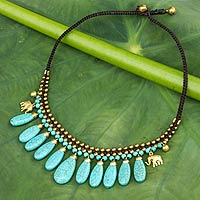 Beaded waterfall necklace, 'Siam Legacy' - Beaded Turquoise Colored Elephant Necklace