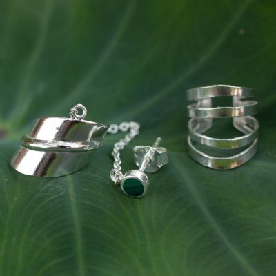 Malachite ear cuff earrings, 'Forest Whisper' (pair) - Modern Sterling Silver Malachite Ear Cuff Earrings (Pair)