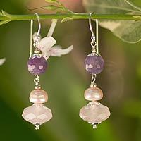 Amethyst and cultured pearl dangle earrings,