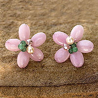 Cultured pearl and quartz flower earrings, 'Pink Thai Daisy' - Pink and Green Flower Earrings with Pearl