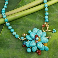 Carnelian beaded flower necklace, 'Amsonia in Bloom' - Handcrafted Floral Quartz and Carnelian Necklace