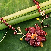 Carnelian beaded flower necklace Gladiolus in Bloom Thailand