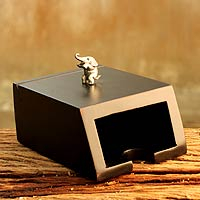 Wood and pewter business card holder, 'Playful Elephant' - Wood and pewter business card holder